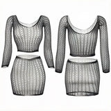1 Set Women Long Sleeve See-Through Fishnet Cover Up Hollow Out Tassel Bodycon Beachwear Dress