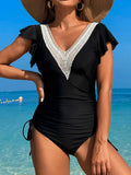 2026 Crochet Drawstring One Piece Swimsuit Women Sexy Ruffle Swimwear Female Solid Bathers Bathing Swimming Swim Suit Beachwear