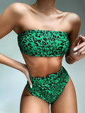 3 Colors Sexy Bikini Bandeau Women Solid Leopard Print High Waist Swimwear Swimsuit Beach Bikini Set Bathing Suit With Waistband