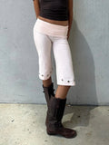Women Capris Pants Summer Elastic Waist Solid Color Eyelets Casual Short Trousers Streetwear for Daily