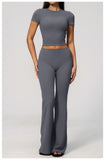 Creamy 2 Pieces Workout Suit Women Yoga Outfits Short Sleeve O Neck Slim Sports T Shirts High Waist Flare Pants Gym Fitness Sets