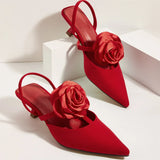 2025 Large Size 43 Summer Women's Pointy Toe Kitten Heels Slingback Pumps Elegant Satin Sandal Rose Flower Office Lady Shoes