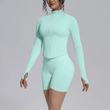 Women's Seamless Yoga Sets Sports Fitness Gym Zipper Long-Sleeve Jacket Hip Lift High-Waist Shorts Suits Workout Training Sets