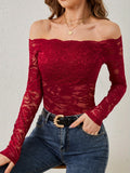 European and American elegant scalloped neckline, off-the-shoulder lace slim fit T-shirt long-sleeved top