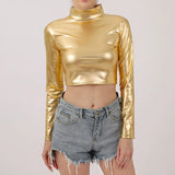 Women Metallic Long Sleeve Crop Tops Shiny Stretch Mock Neck T Shirt Dance Clubwear Ladies Slim Fit Blouses Gold Silver Costumes
