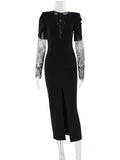 Ahagaga Eelgant Lace Women's Dress Patchwork Long Sleeves Autumn Party Slim Fit Sheath Velvet Sexy Split Trend Female Vestidos