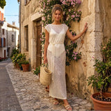 Women's Solid Color Knit Sheer Dress Summer Swim Cover Up Cap Sleeve Round Neck Sequin Dresses for Beach