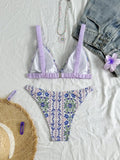 2026 New Purple Flower Print Swimsuit for Women Elastic Belt Strappy Swimwear Bathing Suit Low Waist Sexy Bikini Set Beachwear