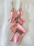 Comfortable Fashionable 2pcs V Neck Leopard Print Suspender Long Pants Pajama Set