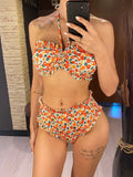 Flowers Printed Bandeau Female Swimsuit High Waist Bikini Women Swimwear Two-pieces Bikini set Bather Bathing Suit Swim V6613