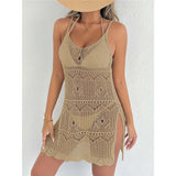 Crochet Knitted Hollow Out Halter Mini Dress Tunic Beach Cover Up Cover-ups Beach Dress Beach Wear Beachwear Female Women V8210