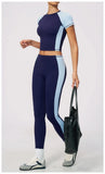 Nake Yoga Set Women's Tracksuit Color Contrast Short Sleeve Slim Sports T Shirts High Waist Leggings Fitness Clothes Gym Outfits