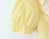 Foridol Gingham Printed Yellow Women Summer Dress Set Lace Top+skirt Sets Vintage French Style Midi Dress Oufits Plaid Vestidos