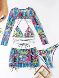 Long Sleeve Printed Halter Bikini Female Swimsuit Women Swimwear Four-pieces Bikini Set with Mesh Skirt Bathing Suit Beach Wear