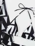 New Summer Women Geometric Print 3 Pieces Swimsuit Drawstring Mesh Bodysuit+Micro Bikini Swimwear Push Up Bathing Suit Beachwear