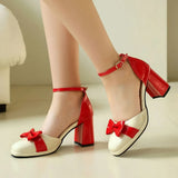 Plus Size 32-48 Mary Jane Heels Shoes Women Bow Decor Ankle Strap Platform Chunky Block Heel Sweet Lolita Pumps