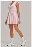Summer Women Solid Tennis Dresses Sleeveless Turn Down Collar Pleated Skirts with Detachable Pocket Shorts Slim Yoga Golf Dress
