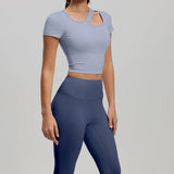 2 Pieces Women Tracksuit Yoga Set Spring Summer Short Sleeve Hollow Out Slim Sports Top High Waist Leggings Running Fitness Suit