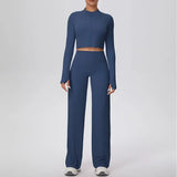 2 Pcs Women's Seamless Yoga Set Long-sleeved Wide-leg Pants Tracksuit Fitness Sports Set High-waisted Hip-lifting Slim-fit Suit
