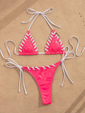 Sexy Pink Contrast Micro Bikini 2026 Mujer Women Braiding Rope Bandage Push Up Bra Triangle Swimsuit Beach Bathing Suit Swimwear
