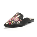 2026 Big Size 43 Summer Women's Blue Mules Slipper Sandals with Silk Flowers Embroidery Comfy Walking Slide Flat Satin Shoes