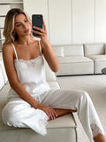 Women Summer Sleepwear White Satin Pajama Sets Lace Spaghetti Straps Cami with Pants Two Piece Sets