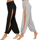 Hip Hop Style Yoga Dance Pants Women Harem Pants High Waist Side Slit Design Wide Leg Casual Trousers Solid Color
