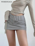 WOMENGAGA Spicy Girl Wide Belt Low Waist Short Skirt Women Safety Skorts Mini Short Skirt Summer New Half Skirt Fashion AH7O