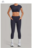 Yoga Set Women's Tracksuit Short Sleeve Back Hollow Out Sports Top Athletic Wear Tight High Waist Pocket Leggings Fitness Suits