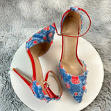 New Denim Fashion Denim color blocking  Sandals High Gladiator Heels Ladies Office Shoes  Plus Big Size45-46 12cm slim heel