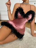 New Sexy V Neck Feather Trim Women's Nightgown Fashion Elegant Pajamas Solid Color Short Skirt for Home and Parties