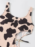 2026 Cow Print Rib Cut-out One Piece Swimsuit Ring Link Swimwear Women Bathing Suit Female Swimming Summer Beachwear Bodysuit