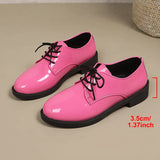 Pink Patent Leather Oxford Shoes Women Fashion Lace Up Pointed Toe Med Heel Pumps Woman Plus Size 43 Thick Heels Office Shoes