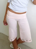 Women Capris Pants Summer Elastic Waist Solid Color Eyelets Casual Short Trousers Streetwear for Daily