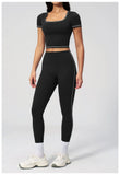 2PC Color Contrast Yoga Suit Women Short Sleeve Square Collar Slim Sports Top Fitness Suits Outdoor Exercise Leggings Tracksuit