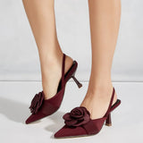 Big Size 43 Elegant Flower Burgundy Slingback Sandals Mules Summer Sexy Pointy Toe Thin High Heels Sandals Shoes Women