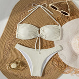 Sexy beige hollow out bow tie bikinis sets two pieces halter backless thong swimsuit Swimwear bathing suit beach outfits biquini