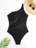 Sexy One Shoulder Swimwear Women 2026 Vintage Mesh Patchwork Transparent Tummy Control One Piece Swimsuit Beach Bathing Suits