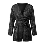 Women Summer Fall Sequin Shorts Jumpsuit Trendy Sparkly V Neck Long Sleeve Romper with Belt for Party Club