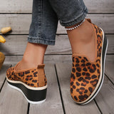 Sexy Leopard Print Wedge Heels Loafers Women Plus Size 43 Slip On Thick Sole Single Shoes Woman Round Toe Platform Casual Shoes