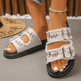 2026 New Flowers Embroidery Platform Slippers Women Fashion Denim Thick Bottom Sandles Woman Plus Size 43 Non Slip Beach Sandals
