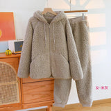 Korean New Women Warm Coral Fleece Pajamas Set Autumn Winter Sleepwear 2 Pieces Home Suit Casual Hooded Pajamas Night Wear