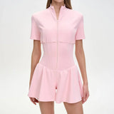 FDYOUI New 2026 Summer Zip-up Corset Playsuits Women Casual Short Sleeve Sports Fitness Overalls One Piece Tunics Yoga Bodysuit