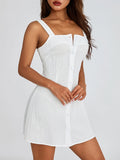 Women Solid Color Square Collar Short Dresses Sleeveless Buttons Off Shoulder Casual Party Summer Spring Dress