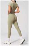 2PC Color Contrast Yoga Suit Women Short Sleeve Square Collar Slim Sports Top Fitness Suits Outdoor Exercise Leggings Tracksuit