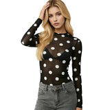 Women’s Spring Summer Crew Neck Mesh T-Shirts Long Sleeve Dots Print Slim Fit Transparent Classic Tops