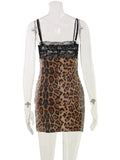Ahagaga Camisole Sexy Mini Dresses Women Backless Lace Patchwork Leopard Print Sequin Slim Bodycon Y2K Club Party Vestidos