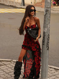 Ahagaga 2025 Summer Fashion Women's Straps Dresses Print Asymmetrical Chiffon Floral Streetwear Skinny Trailing Yk2 Vestidos