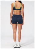 Tight Color Contrast Yoga Suit 2 Pieces Women V Neck Sports Bra Pleate High Waist Shorts Gym Running Fitness Suits Tracksuit