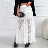 Women See-Through Lace A-Line Skirts Casual Summer Solid Color Elastic Waist Long Skirt for Beach Vacation Club